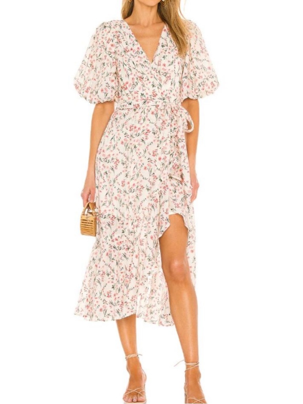 MinkPink Floral Puff Sleeve Ruffle Hem Midi Dress | Women’s Size S